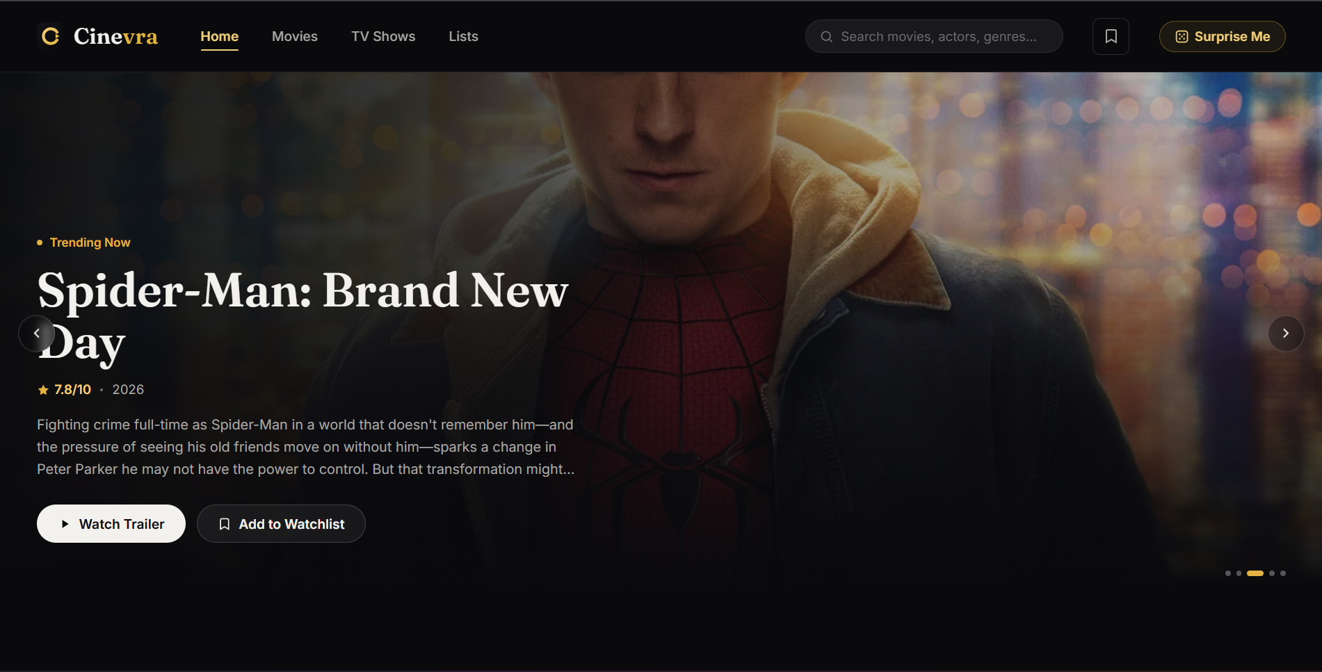 Cinevra movie and TV discovery website homepage